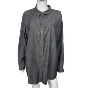 Eileen Fisher Women's 2X Gray Black Chambray Buttoned Relaxed Tunic Blouse EUC